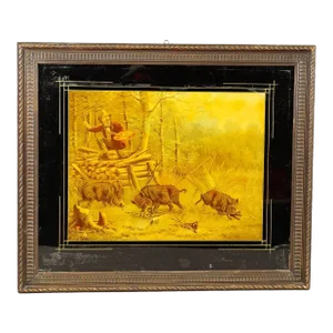 Antique Print With Humoristic Scene Featuring Wild Boars and a Painter