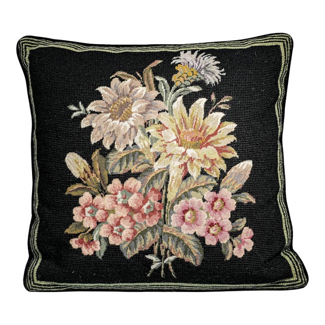 Traditional Vintage Embroidered Floral Flower Needlepoint Velvet Throw Pillow Home Decor For Sale