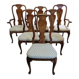 Vintage Queen Anne Style Henredon Walnut Burlwood Dining Chairs - Set of 6 For Sale