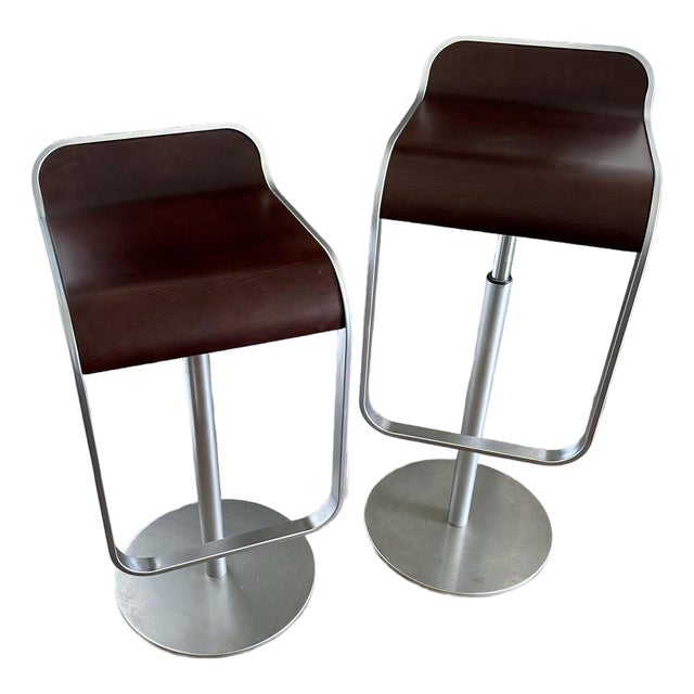Attributed to LaPalma Lem Piston Bar or Counter Stool Dark Stained Oak and Stainless Steel (2 Available) For Sale