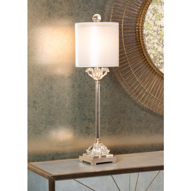 Nickel with cast glass, crystal plinth 35h x 6.5w x 6.5d Shade Dimensions: top(10 (7.5)) bottom(10 (7.5)) side(10 (9))