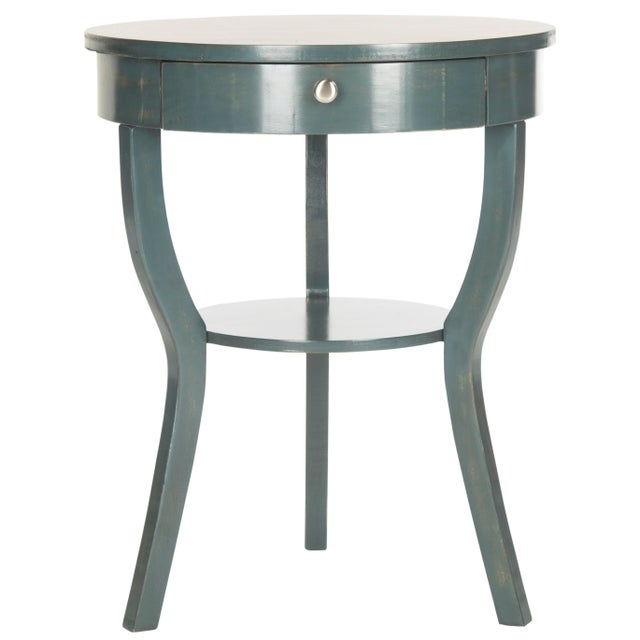 2020s Round Pedestal End Table & Drawer in Steel Teal For Sale - Image 5 of 5