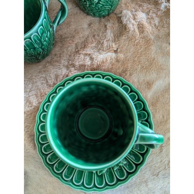 Ceramic Vintage the Haldon Group Green Majolica Relief Cup & Saucer Set for 8 For Sale - Image 7 of 8