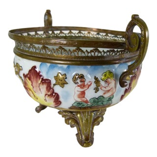 Vintage French "N" Mark Footed Cherub Bowl With Ormolu Trim & Floral Interior | Two Handled | Blue Crowned N For Sale