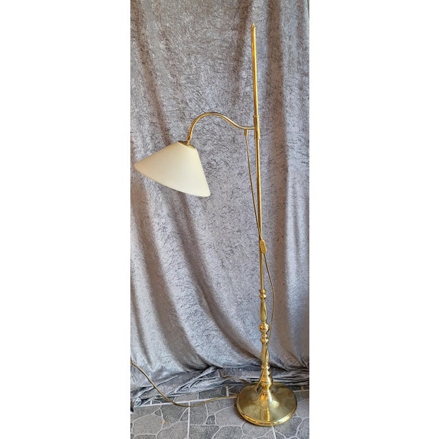 Height-Adjustable Floor Lamp with Brass Frame and Cream-Colored Glass Shade, 1980s For Sale - Image 4 of 7