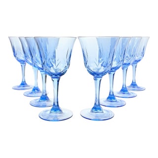 1990s Vintage Set of 8 Blue Glass Wine, Water or All Purpose Glasses For Sale