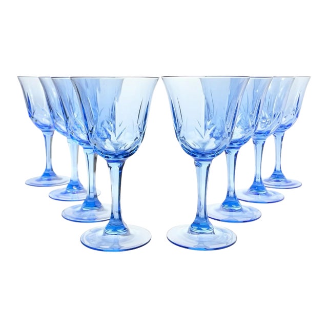 1990s Vintage Set of 8 Blue Glass Wine, Water or All Purpose Glasses For Sale