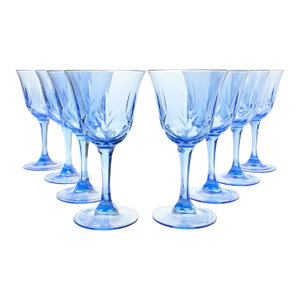 1990s Vintage Set of 8 Blue Glass Wine, Water or All Purpose Glasses