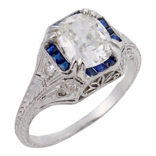 1920s Art Deco Gia 1.52 Carat Diamond Sapphire Platinum Engagement Ring, Size 6.75 For Sale