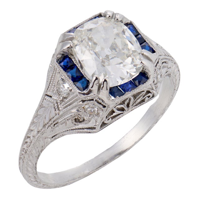 1920s Art Deco Gia 1.52 Carat Diamond Sapphire Platinum Engagement Ring, Size 6.75 For Sale
