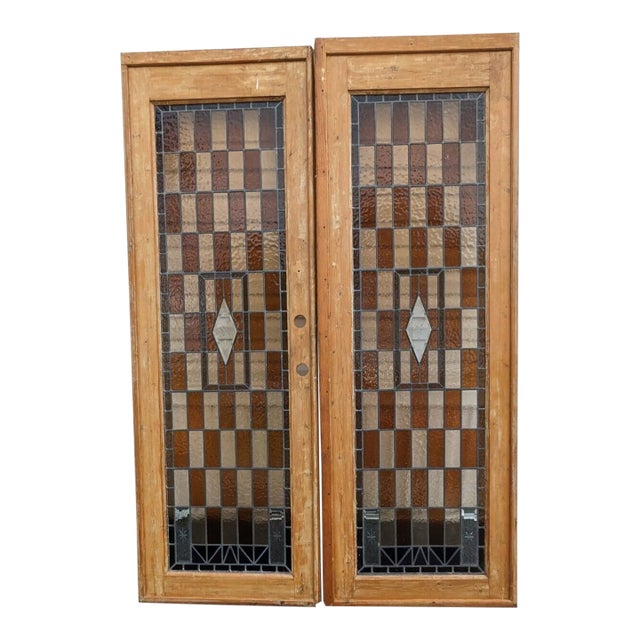Pair of Antique Stained Glass French Doors Tall 95"h Door Set For Sale