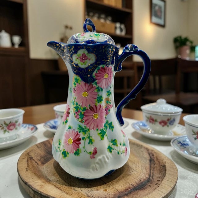 This stunning antique porcelain pitcher features a delicate hand-painted floral design with pink flowers accented by green...