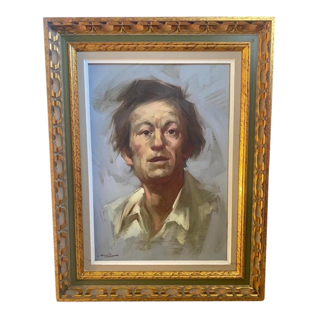 Vintage Acrylic on Canvas Portrait Painting of a Man in Ornate Carved Wood Frame, Circa 1970 Signed For Sale