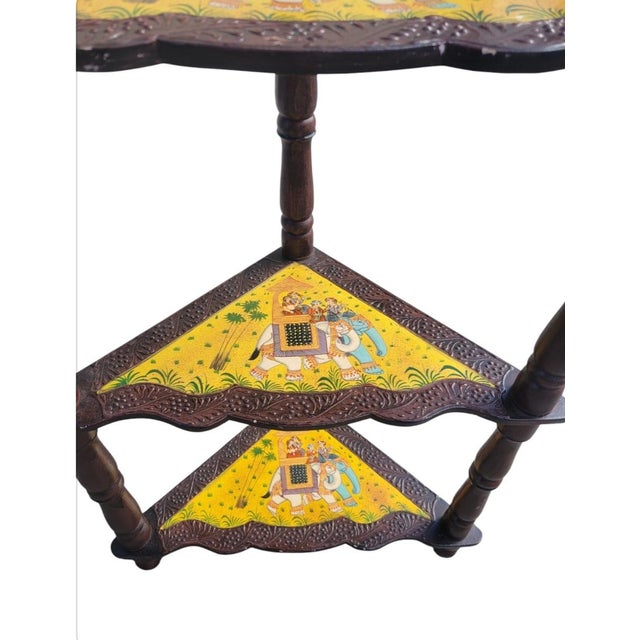 A beautiful and very unique solid carved wood 3 shelf Chinoiserie corner shelving unit. This is a very special piece which...