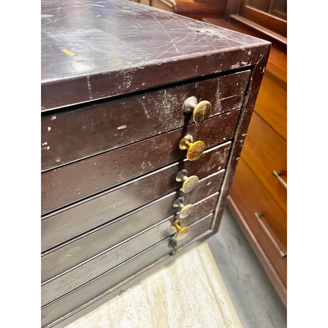 Antique Metal Six Drawer Watchmaker’s Cabinet or Storage Drawers | E & J Swigart Co + Fancy Crystals B & B For Sale - Image 4 of 12