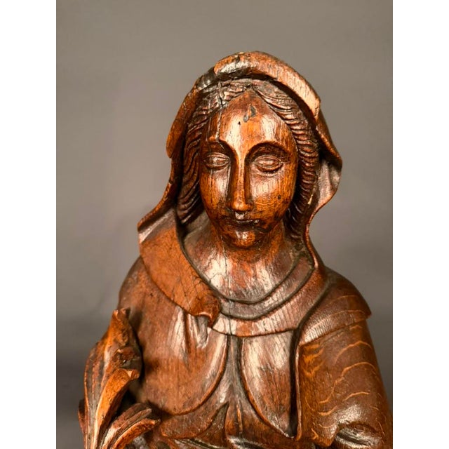 Religious Early 19th Century Flemish Hand-Carved Oak Statue of Saint Agnes, Circa 1820 For Sale - Image 3 of 16