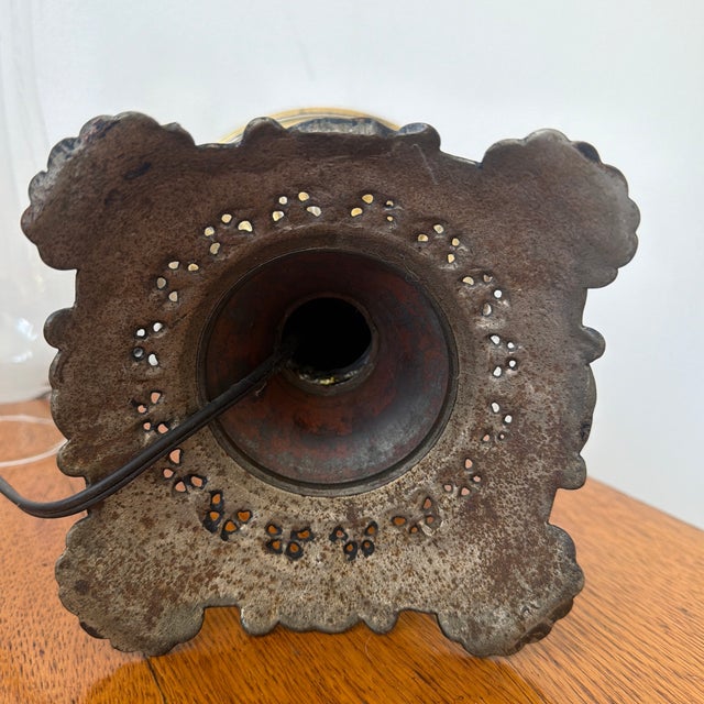 19th-Century Embossed Brass Parlor Lamp on Ornate Cast Iron Base - Electrified For Sale - Image 9 of 9