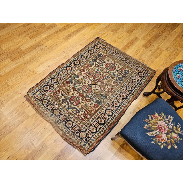 19th Century Vintage Caucasian Kilim Rug, Handwoven Wool, Geometric Stripes, Blue & Ivory, 6' x 8' For Sale - Image 5 of 18