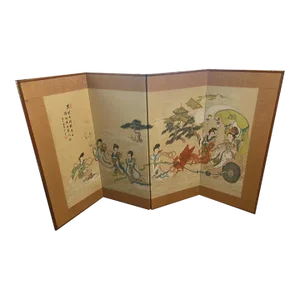 Mid 20th Century Japanese Asian 4 Panel Byobu Screen Signed Phoenix / Lady