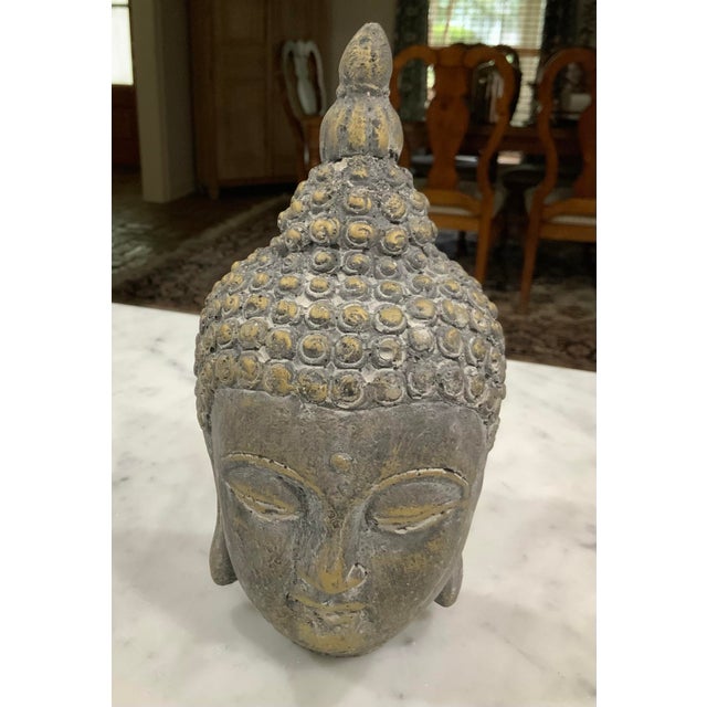 Mid-20th Century Asian Art Cast Concrete Like Buddha Head Tabletop Statue With Wabi-Sabi Patina For Sale - Image 4 of 8