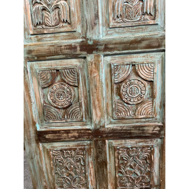 Vintage Green Artisan Carved Door – Reclaimed Wood Barn Door Wall Panel 80x36 For Sale In Orlando - Image 6 of 8