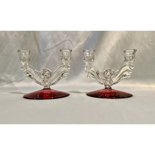 Art Deco 1930s Art Deco Double Candle Holders with Cranberry Base For Sale - Image 3 of 4