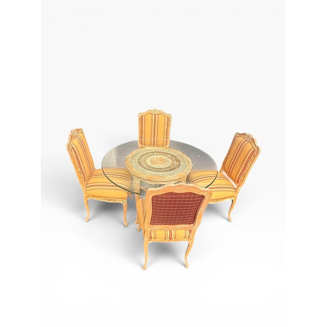 Vintage French Provincial Style 48” Glass-Top Dinette Set With Caned Table Base – Set of 5 For Sale - Image 9 of 10