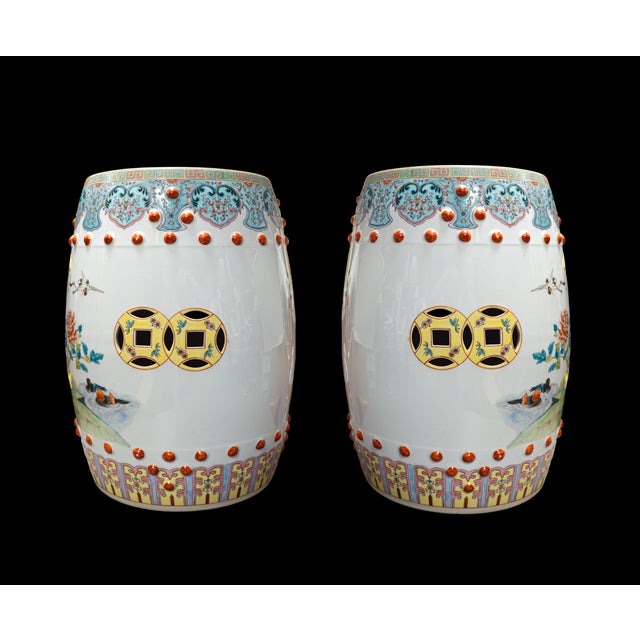 Asian 1960s Chinese Porcelain Set of Two (2) Porcelain Famille Rose Garden Seats / Qing Dynasty Porcelain Garden Seats For Sale - Image 3 of 6