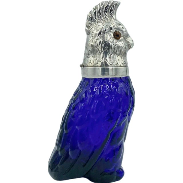 Mid 20th Century Vintage Cobalt Blue Glass Parrot Cocktail Set With Birdcage Holder & Glasses For Sale - Image 5 of 13