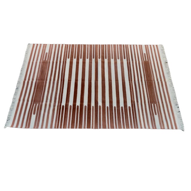 Handmade Cotton Natural Vegetable Dyed Flat Weave Reversible Tan and White Striped Rug - 6'x9' For Sale - Image 9 of 11