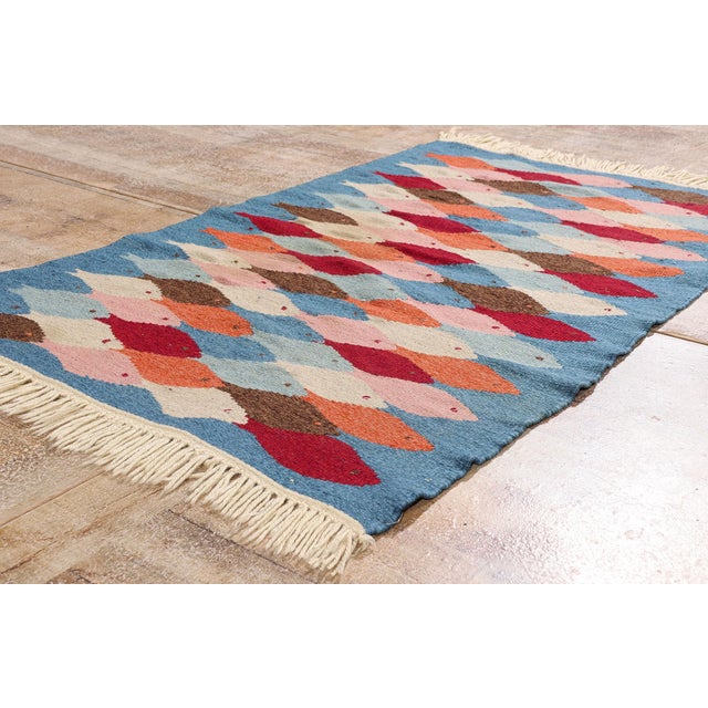 Sky Blue Vintage Swedish Fish Rollakan Rug, 03'00 X 04'09 For Sale - Image 8 of 10