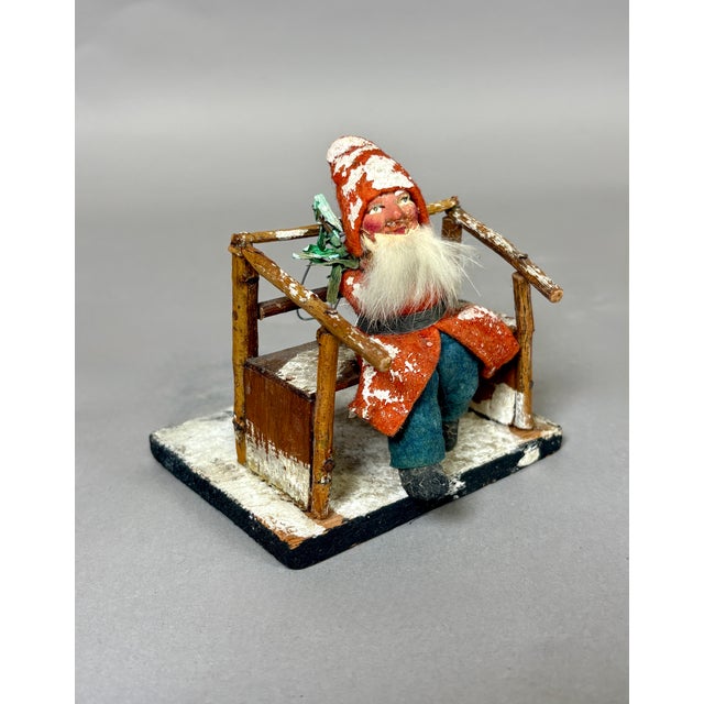 Antique German Santa Tomte Nisse Christmas Folk Art Figure on Bench, C. 1930s–40s For Sale - Image 4 of 6