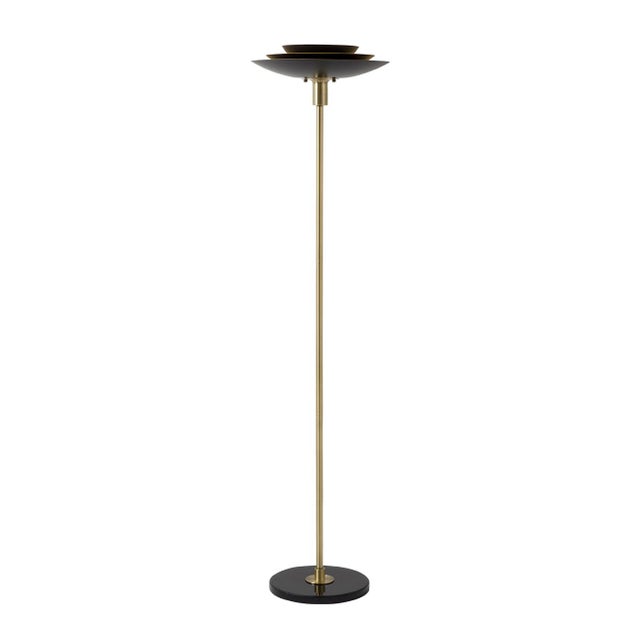 Black Torchiere Floor Lamp - Rancho Mirage, Matte Black & Gold-Leaf Shade, Weathered Brass, Black Marble Base, Dimmer For Sale - Image 8 of 12