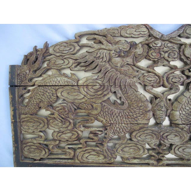 Early 20th Century Chinese Carved Wood Relief Double Dragon in Clouds Wall Hanging Panel For Sale - Image 5 of 6