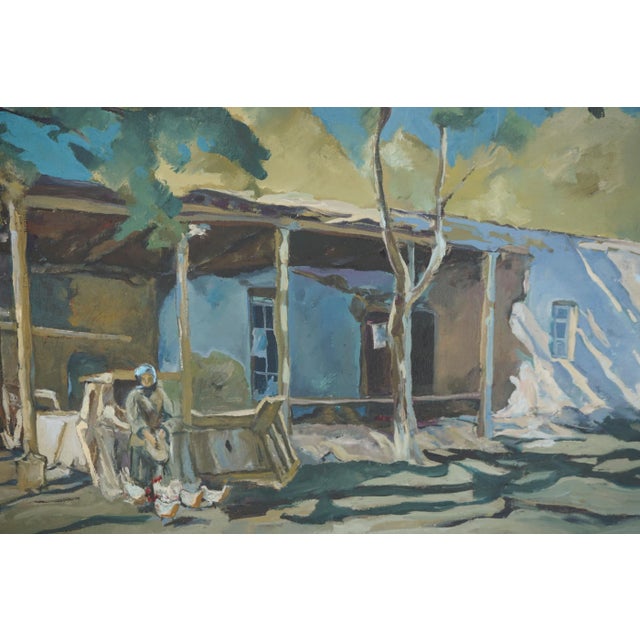 Wonderful country scene of woman feeding chickens in Russian countryside by Valery Kleverov (A.A. Kaebep) (Klever)...