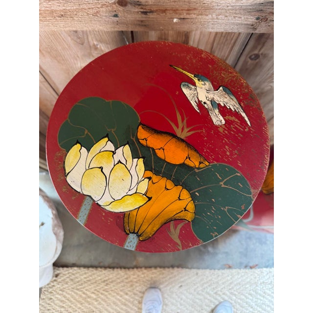 Wood Vintage Painted Red Chinoiserie Pedestals , a Pair For Sale - Image 7 of 8