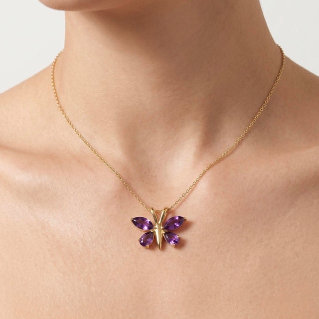 Contemporary Amethyst Butterfly Gemstone Pendant - Dainty Animal Style Jewelry for Her For Sale - Image 3 of 5