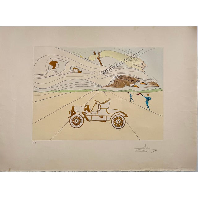 Surrealism Salvador Dalí, Surrealist Etching Engraving Pochoir l'Automobile Da Vinci Hommage For Sale - Image 3 of 14