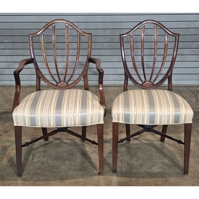 Mid 20th Century Set of 8 Mahogany Federal Style Shield Back Dining Chairs Silk Prussian Blue Fabric For Sale - Image 10 of 13