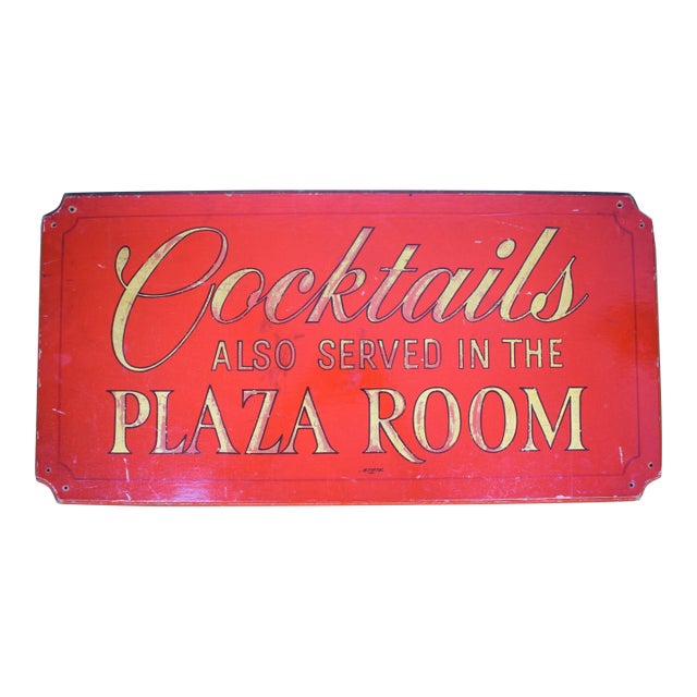 Cocktails Served in the Plaza Room C1940s Hand-Painted Wooden Sign For Sale