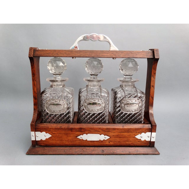 Antique English Liquor Tantalus Decanter Set, Lock & Key Chairish