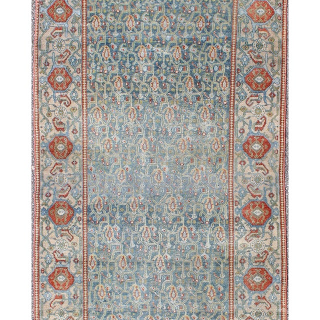 Wide Persian Malayer Runner With All-Over Floral Pattern in Persian Blue Color 4'1 X 9'10 For Sale - Image 4 of 6