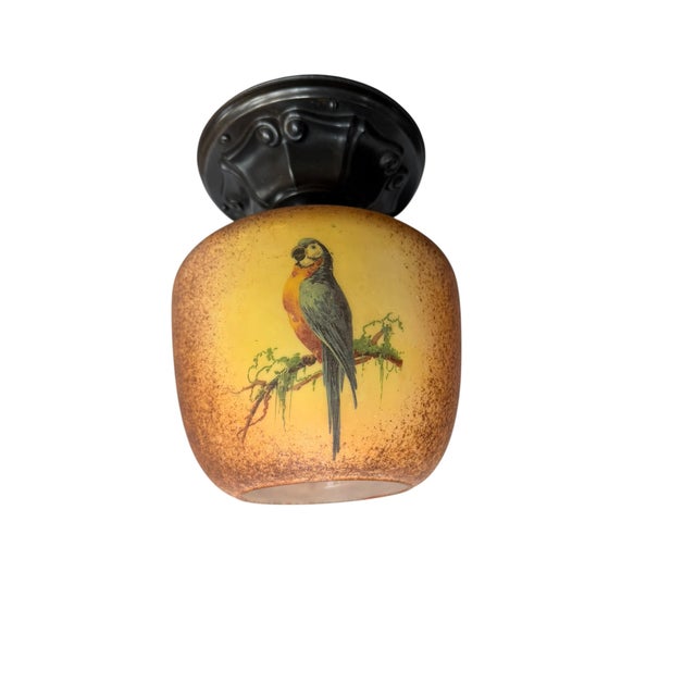 Metal Circa 1920’s Hand Painted Parrot and Vines Ceiling Light For Sale - Image 7 of 8
