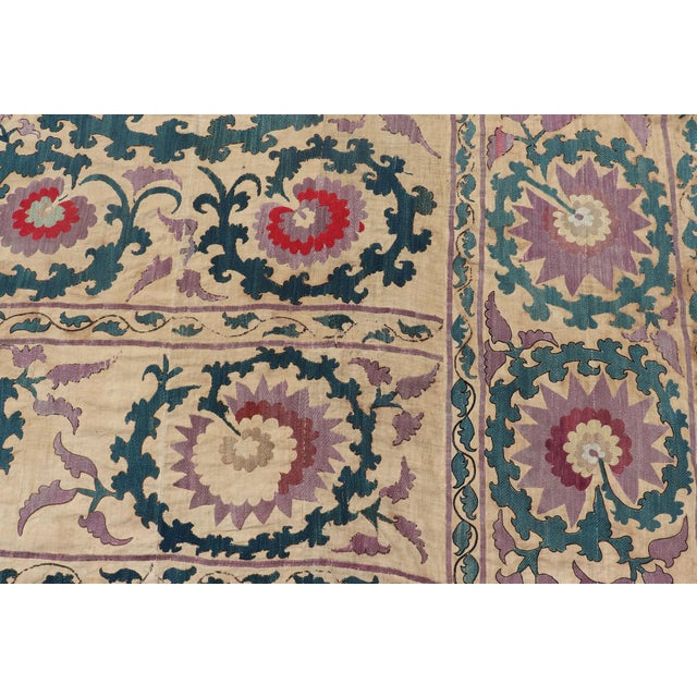 Antique Uzbekistan Suzani Textile With Medallion and Floral Vine Embroidery For Sale - Image 13 of 17