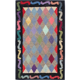 American Hooked Rug With Colorful All-Over Diamond Design With Charcoal Border For Sale