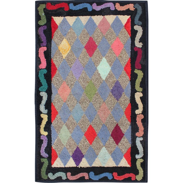 American Hooked Rug With Colorful All-Over Diamond Design With Charcoal Border For Sale