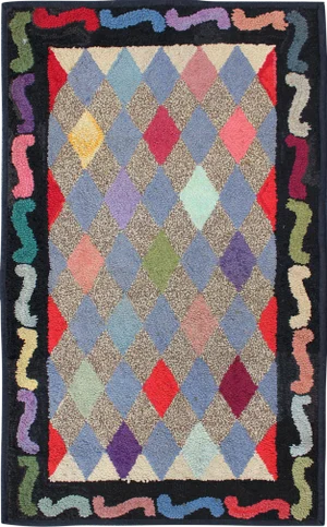American Hooked Rug With Colorful All-Over Diamond Design With Charcoal Border