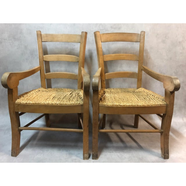 Wood Vintage Rustic Cherry & Straw Armchair, 1950s For Sale - Image 7 of 10