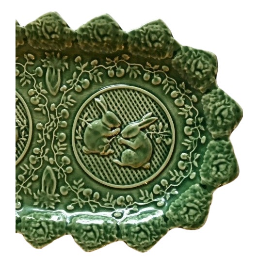 Bordallo Pinheiro Vintage Bordallo Pinheiro ~ Green Majolica Bunny Rabbit Platter For Sale - Image 4 of 5