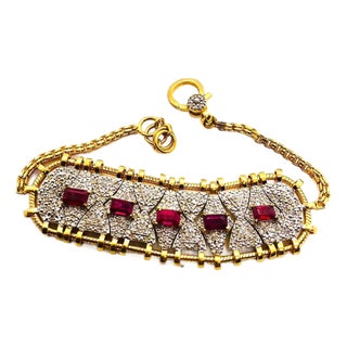 Bochic "Vintage Retro" Natural Rubies & Diamonds Set In 18K Gold & Silver For Sale